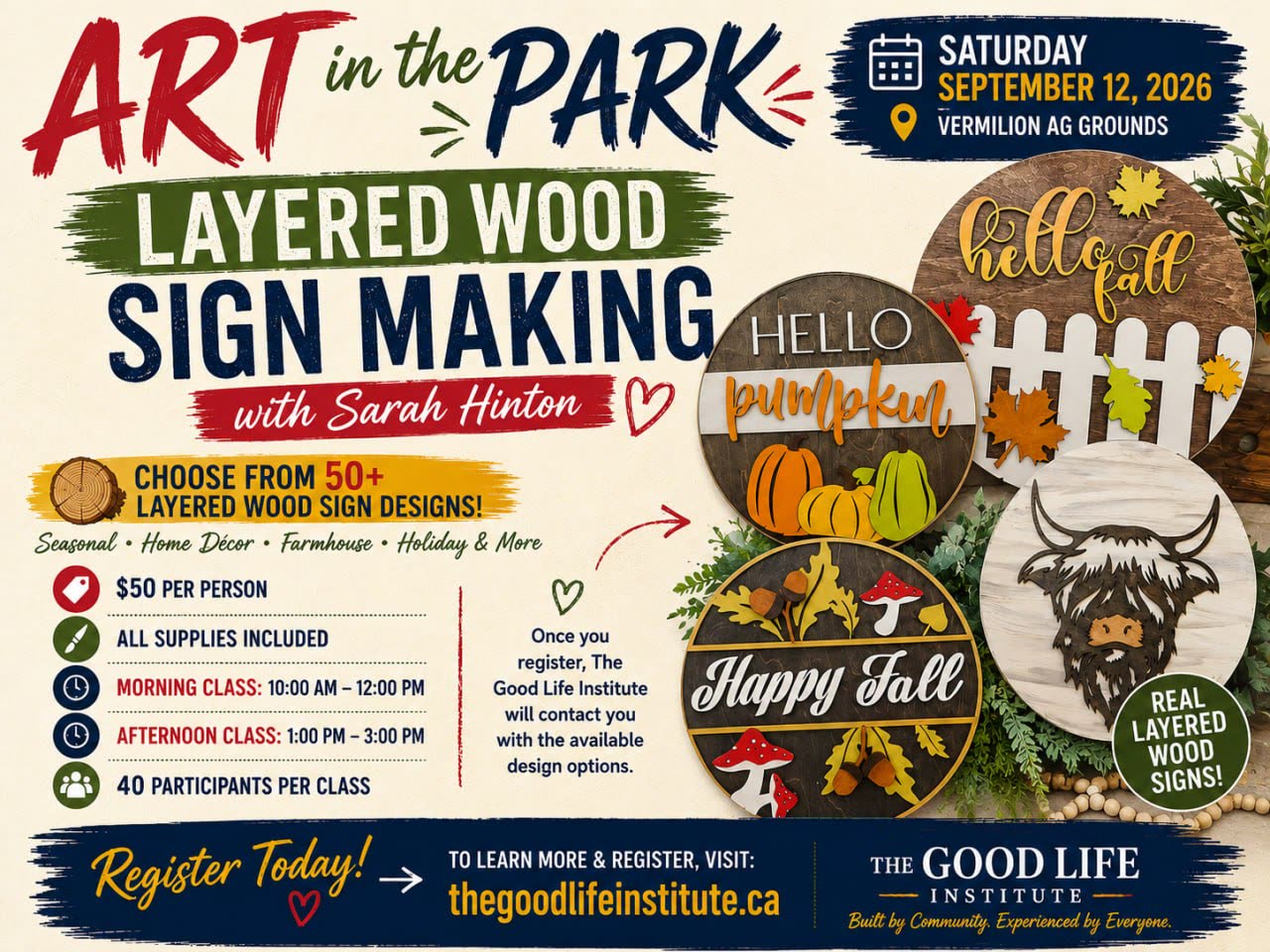 Sign Making with Sarah Hinton poster, layered wood signs, $50 per person