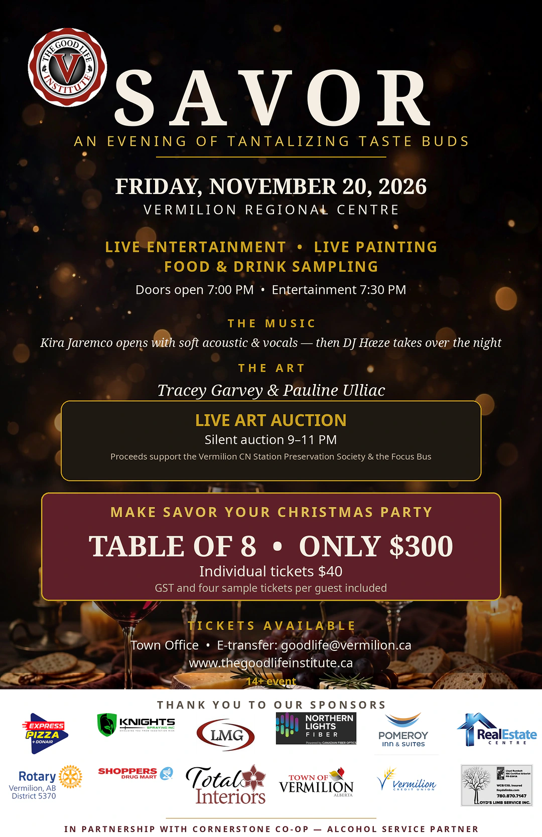 SAVOR 2026 launch poster: Friday, November 20, 2026 at the Vermilion Regional Centre